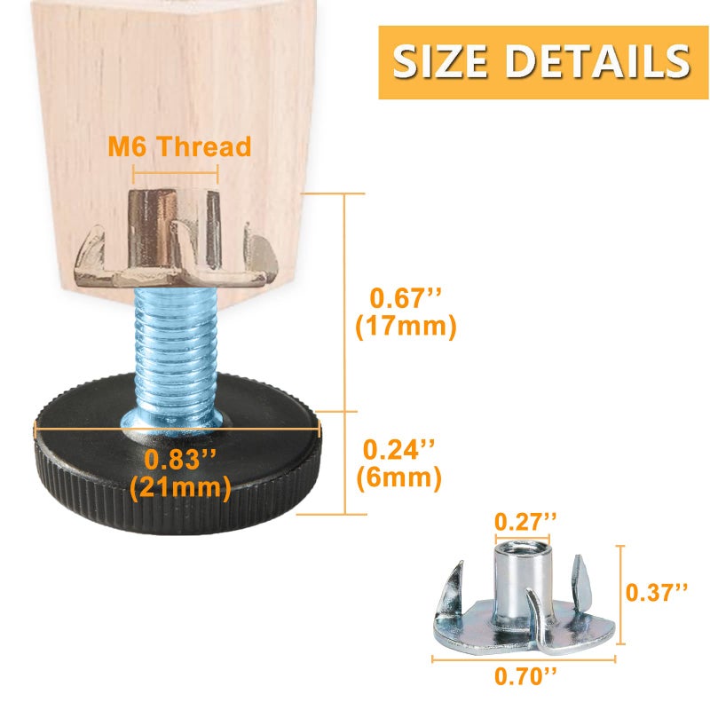 WAFJAMF 24 PCS M6 Thread Adjustable Furniture Levelers Screw in Threaded, Steel Screw Feet Leveling Legs Screw On w/T-Nuts Glide for Table, Chair, Furniture Leg (M6 Thread) - Image 3